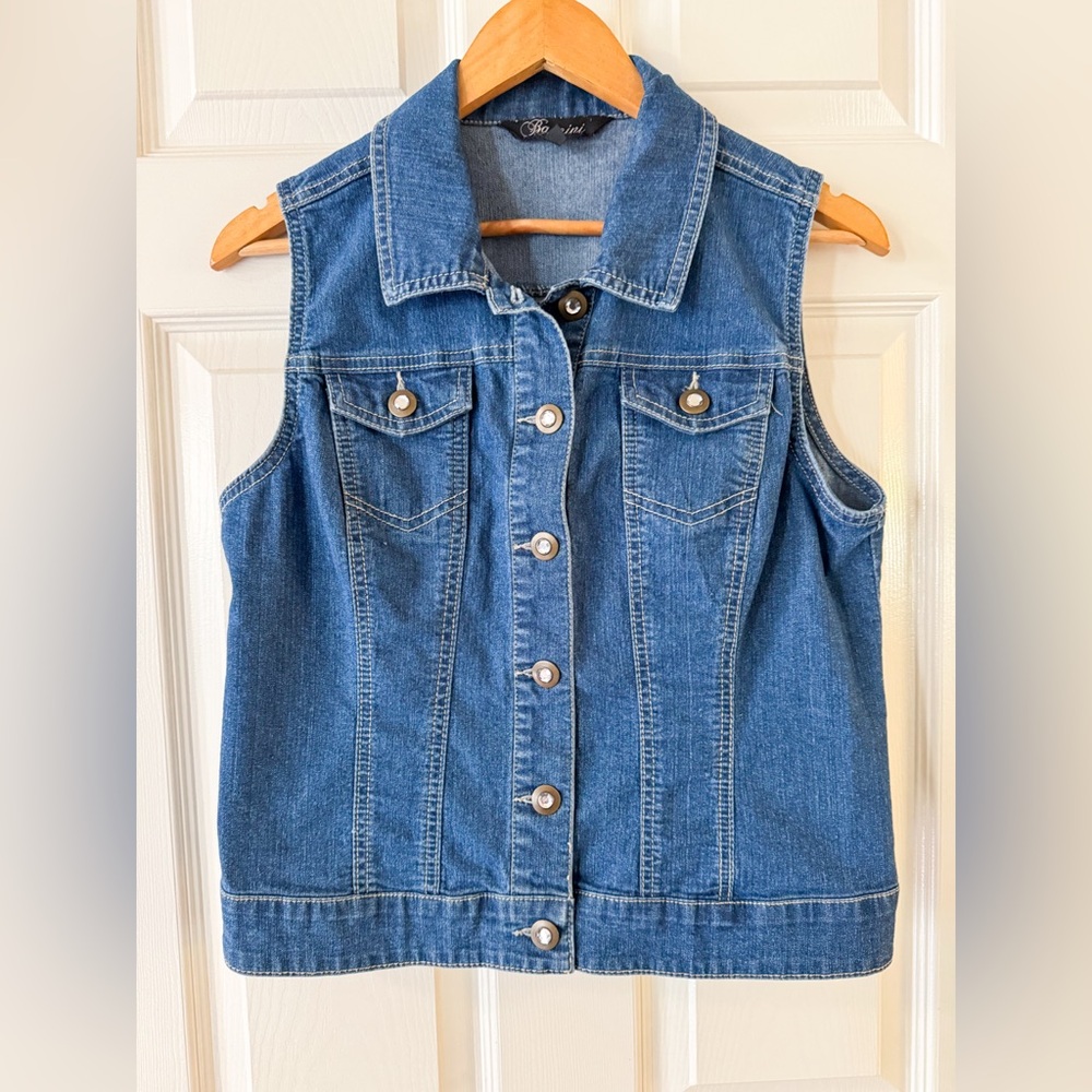 Baccini Blue Denim Jean Vest with Rhinestones Button Front Size L Petite